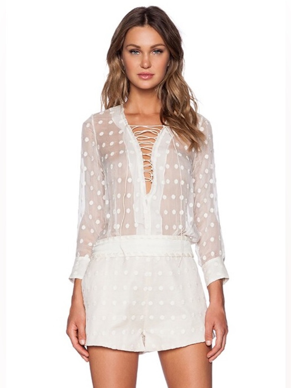 IRO x REVOLVE Silk & Cotton Oxana White Sheer Swiss Dot Lace-Up Romper